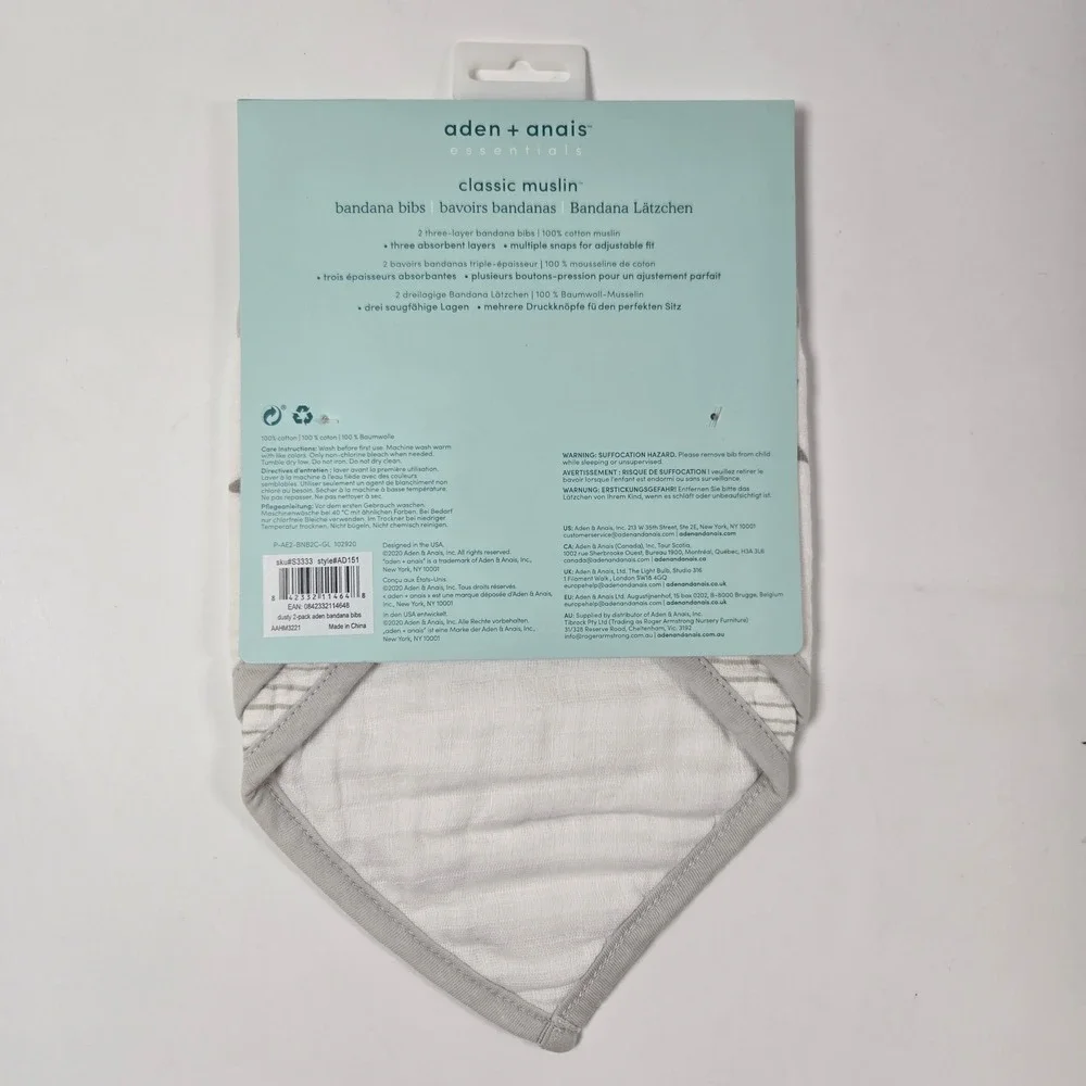 aden + anais Bandana Bibs Kids OS White Gray Star Stripe Muslin 2-Pack NEW